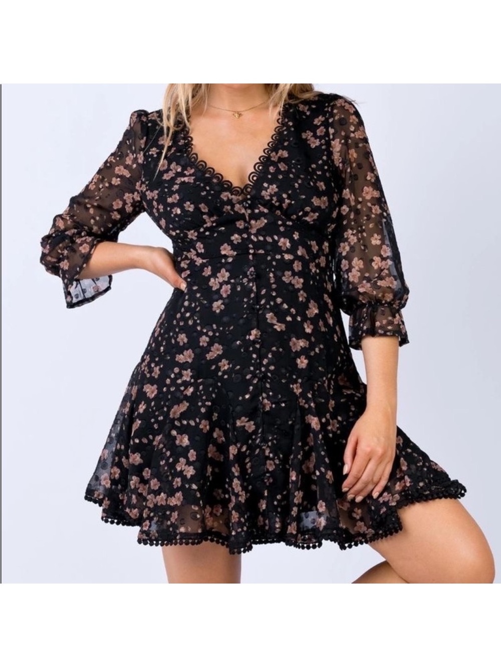 Princess Polly Black Lace Half Sleeve Floral Mini Dress